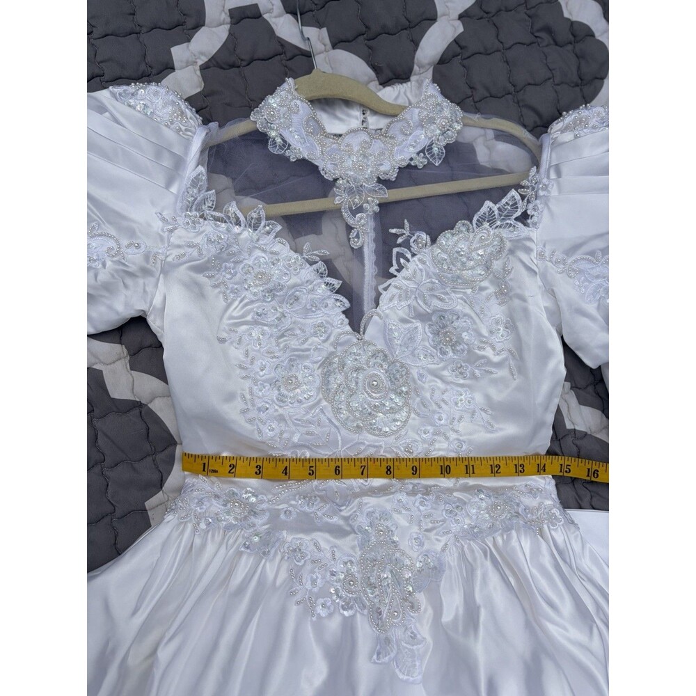 80s-90s VTG Satin Lace Wedding Dress Long Sleeve Bow High Neck long Train S/4